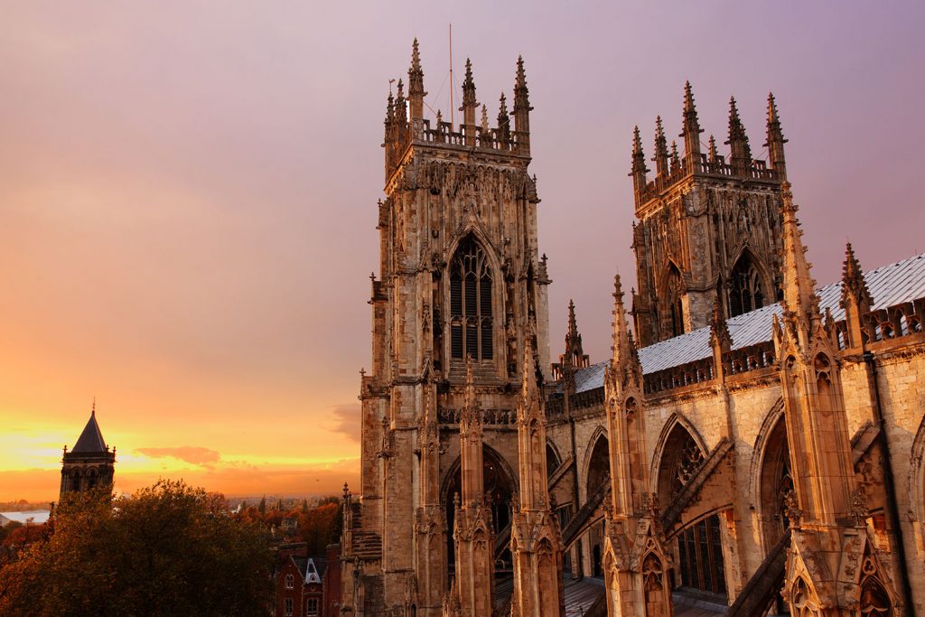 York minster bathed in the light of the setting sun.