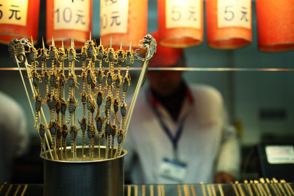 Fried scorpions for sale at a chinese street stall
