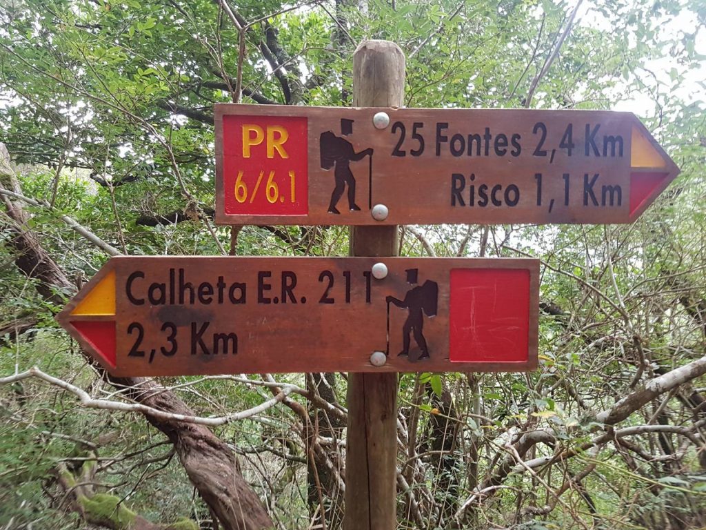 Walking trail signs in Madeira, signposting to 25 Springs and Calheta, two of Madeira's famous walks