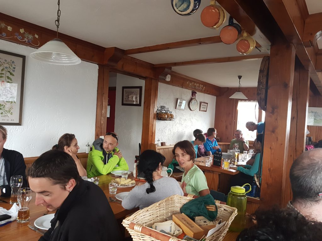 Eating dinner in Mountain Hut
