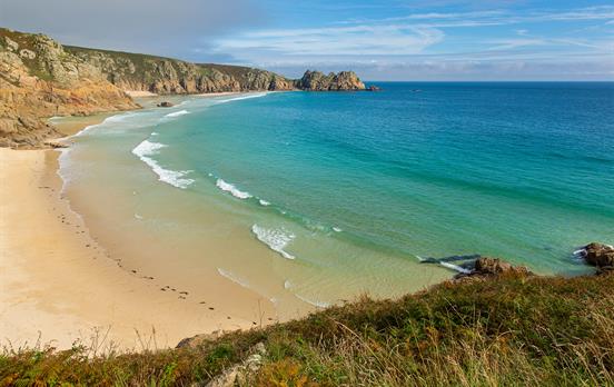 Turquoise waters at Porthcurno Beach
