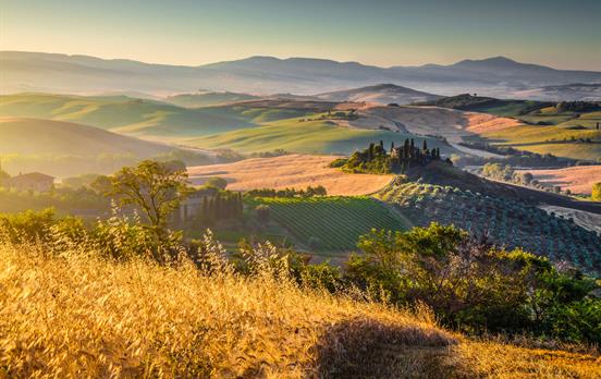 Golden shadows over Tuscany's undulating terrain