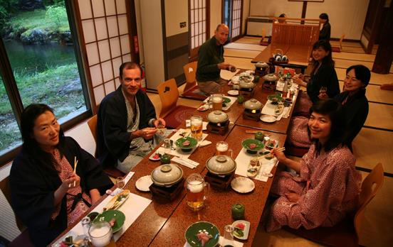 Enjoying dinner at a traditional minshuku