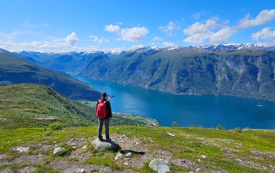 Aussicht auf Aurlandsfjord von Mt Prest Wanderung
