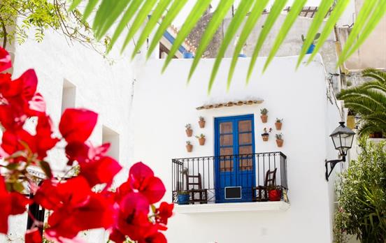 Bougainvilleas and a traditional Ibizan house