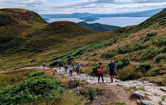 Group of walkers with Loch Lomond behind
