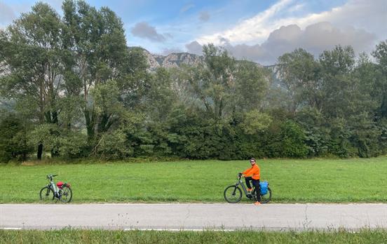 Karst mountain backdrop.