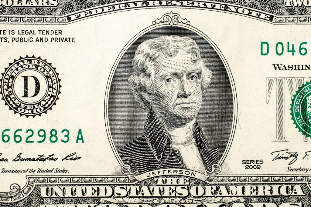 Thomas Jefferson as he appears on a two dollar bill
