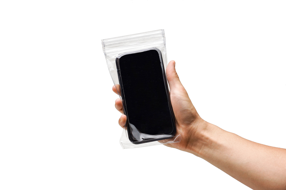 smartphone in clear plastic cover
